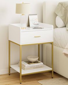 Bedside Table, 3-Tier Bedside Cabinet with Storage Drawer and Open Shelf, Small End Side Table with Gold Legs for Bedroom, Living Room, White Large
