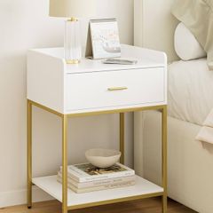 Bedside Table, 3-Tier Bedside Cabinet with Storage Drawer and Open Shelf, Small End Side Table with Gold Legs for Bedroom, Living Room, White Large
