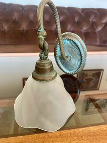 Vintage Lustrarte Brass Wall Sconce Goose Neck Pendulum Shade Holder Finished in Antique Verdigris