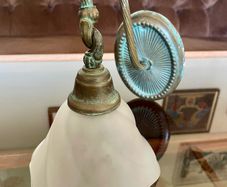 Vintage Lustrarte Brass Wall Sconce Goose Neck Pendulum Shade Holder Finished in Antique Verdigris