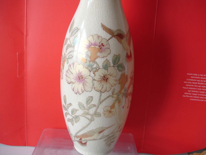 Crackle Glaze Vase   Humming Bird Sucking Nectar  11inches