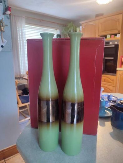 Very Decorative Set Of 2 Glazed Olive Green 40 Cm. Tall Vases With Browne Center.
