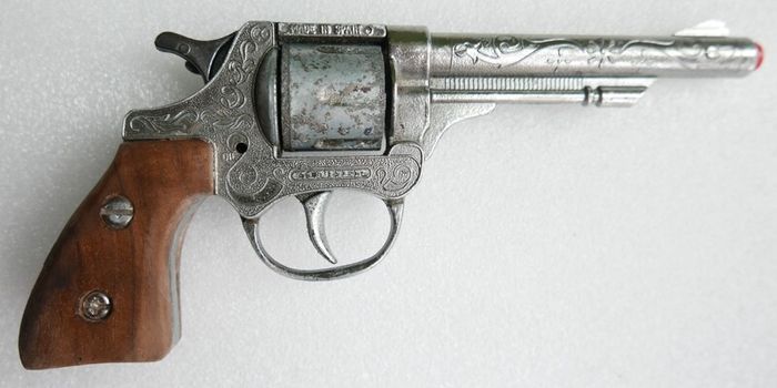 Vintage 60s Metal Cap Gun Firecracker Pistol, Wooden Handle