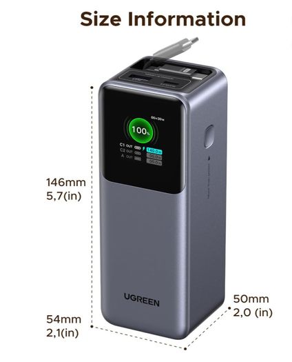 UGREEN 20000mAh 165W Power Bank Fast Charging, Built-in Retractable USB C Cable 3-Way Output Laptop Portable Charger