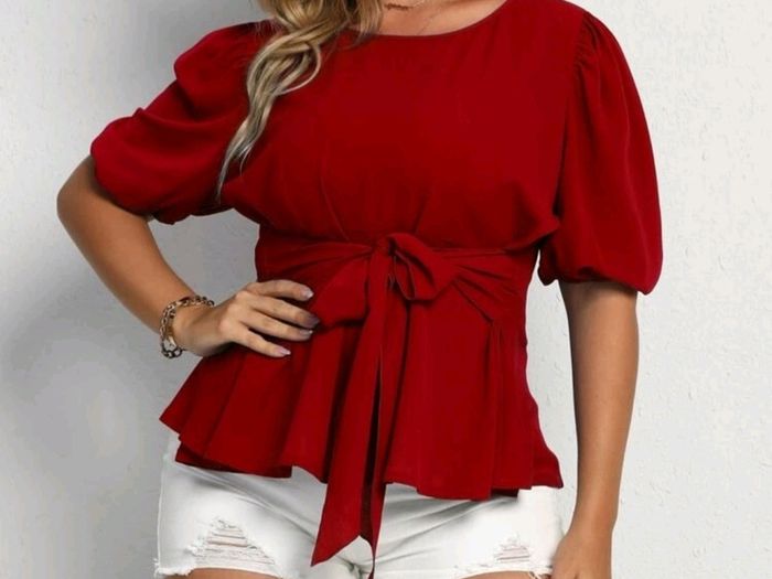 SHEIN Red Puff Sleeve Belted Blouse. Size 16. New
