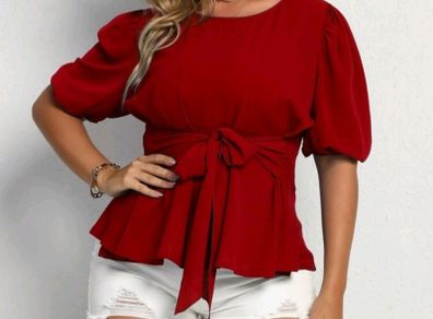 SHEIN Red Puff Sleeve Belted Blouse. Size 16. New