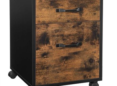 Pedestal with 2 drawers on casters, Mobile Office Storage, for Documents, A4 Format, Hanging files, Industrial Style, Rustic Brown and Black