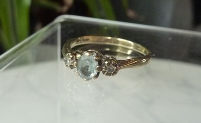 Vintage 9ct Gold Aquamarine and Diamond Three Stone Ring, Size O