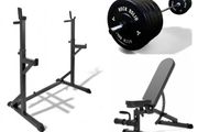Squat rack, Olympic barbell, 100kg weights, adjustable bench (new)