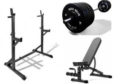 Squat rack, Olympic barbell, 100kg weights, adjustable bench (new)