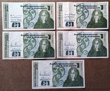 IRELAND - Lot Set of 5 Banknotes: 1 Pound Punt 1980-1989 P 70 (VF-UNC)