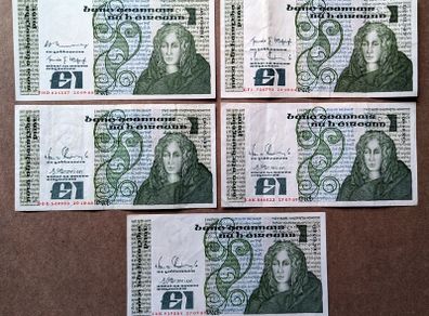IRELAND - Lot Set of 5 Banknotes: 1 Pound Punt 1980-1989 P 70 (VF-UNC)