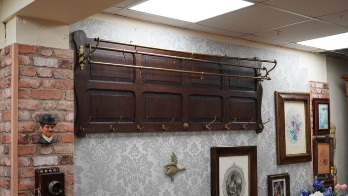 Large Arts & Crafts Style Oak & Brass Wall Coat Rack c.1900