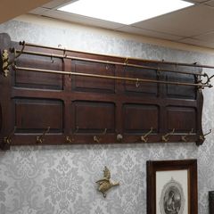 Large Arts & Crafts Style Oak & Brass Wall Coat Rack c.1900