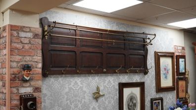 Large Arts & Crafts Style Oak & Brass Wall Coat Rack c.1900