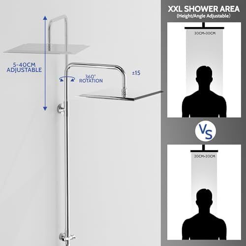 Shower Mixer Set, Height Adjustable Shower System with 5 Jet Types Handheld Shower & 12'' Square Overhead Rainfall Shower Head, Water Saving Stainless Steel Shower Kit Without Tap, Chrome