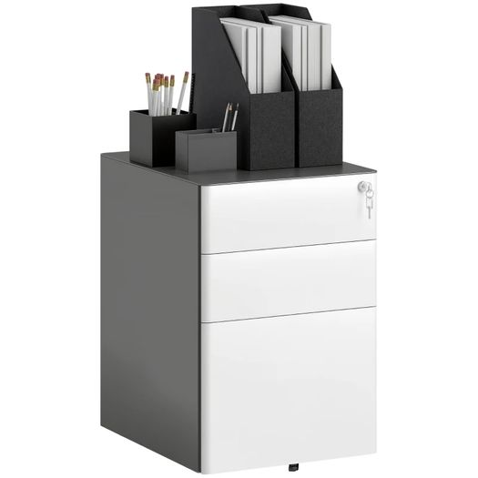 Filing cabinet, Rolling cabinet, 3 Drawers & Hanging File, Lock, Steel Housing, 39x48x59 cm, White+Gray