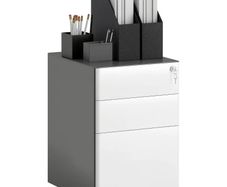 Filing cabinet, Rolling cabinet, 3 Drawers & Hanging File, Lock, Steel Housing, 39x48x59 cm, White+Gray