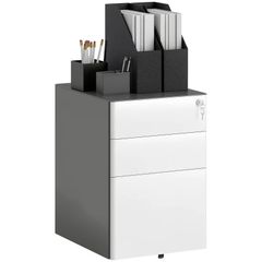 Filing cabinet, Rolling cabinet, 3 Drawers & Hanging File, Lock, Steel Housing, 39x48x59 cm, White+Gray