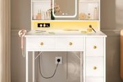 Dressing Table with Adjustable LED Mirror Built in USB Power Outlets RGB Light Strip Vanity Desk with 5 Fabric Drawers 3 Layer Shelves White Makeup Desk 90 40 139cm