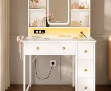 Dressing Table with Adjustable LED Mirror Built in USB Power Outlets RGB Light Strip Vanity Desk with 5 Fabric Drawers 3 Layer Shelves White Makeup Desk 90 40 139cm