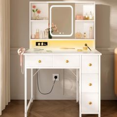 Dressing Table with Adjustable LED Mirror Built in USB Power Outlets RGB Light Strip Vanity Desk with 5 Fabric Drawers 3 Layer Shelves White Makeup Desk 90 40 139cm