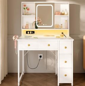 Dressing Table with Adjustable LED Mirror Built in USB Power Outlets RGB Light Strip Vanity Desk with 5 Fabric Drawers 3 Layer Shelves White Makeup Desk 90 40 139cm