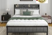 Double Bed Frame With Storage Headboard, Upholstered Platform Bed Frame/Mattress Foundation/Metal Slat Support/No Box Spring Needed/Dark Grey