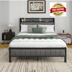 Double Bed Frame With Storage Headboard, Upholstered Platform Bed Frame/Mattress Foundation/Metal Slat Support/No Box Spring Needed/Dark Grey