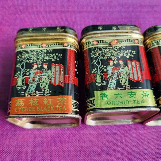 1950s Mid-Century Chrome Oriental Tea Caddy & sampler tins