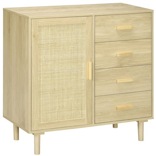 Rattan sideboard with caned-door cabinets and 4 drawers, 80 x 38 x 80.5 cm, natural wood effect