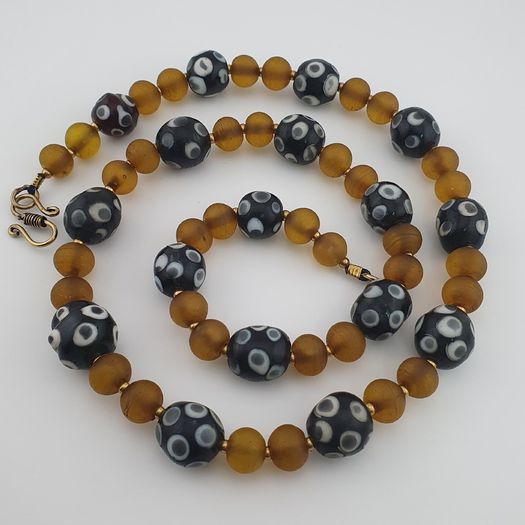 Antique Venetian African Style Eyes & Yellow Brown African Glass Beads Necklaces