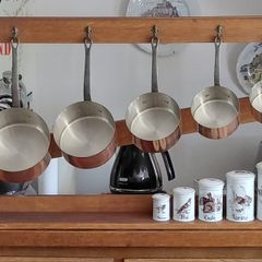 French Antique 5 copper pots with free standing oak stand plus 5 set of ceramic storage jars
