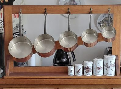 French Antique 5 copper pots with free standing oak stand plus 5 set of ceramic storage jars