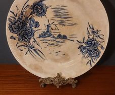Fabulous Vintage Rare Arklow Pottery Blue and White 10 Inch Wall Plate in an Unusual Pattern with Carnations and a Windmill on a Hill, Very Aesthetic Movement in Style, Display Only