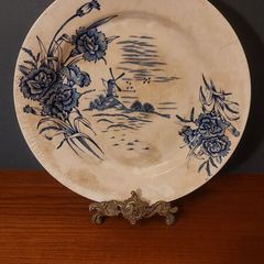 Fabulous Vintage Rare Arklow Pottery Blue and White 10 Inch Wall Plate in an Unusual Pattern with Carnations and a Windmill on a Hill, Very Aesthetic Movement in Style, Display Only