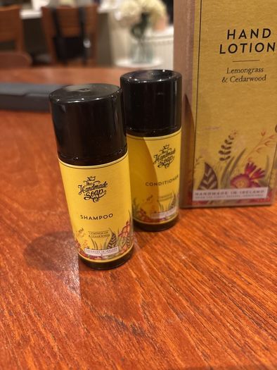 Brand New The Handmade Soap Company- Lemongrass and Cedarwood Hand Lotion and 2 Free Travel Size Shampoo and Conditioner