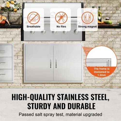 BBQ Access Door, 990x660 mm Double Outdoor Kitchen Door, Stainless Steel Flush Mount Door, Wall Vertical Door with Handles and Hooks