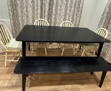 Oak wood black dinning table with a bench and 4 chairs