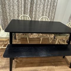 Oak wood black dinning table with a bench and 4 chairs