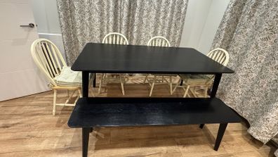 Oak wood black dinning table with a bench and 4 chairs