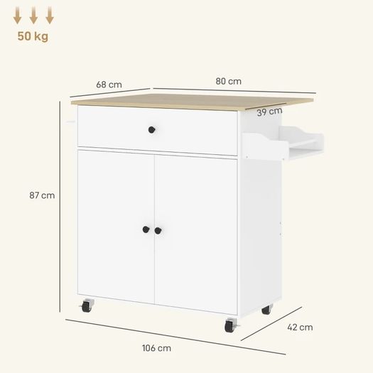 Rolling Kitchen Island with Drop Leaf, Kitchen Storage Cart with Drawer, Spice Rack and Towel Rack, White