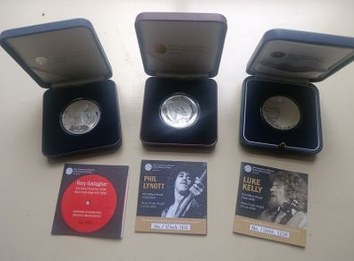 Irish Musician Series.Silver Proof Coins. Rory Gallagher, Phil Lynott and Luke Kelly