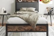3ft Single Bed Frame with Storage Headboard,Heavy Duty Metal Upholstered Platform Bed Frame,Mattress Foundation/Strong Steel Slat Support/Under-bed Storage/Easy Assembly