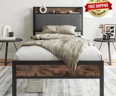 3ft Single Bed Frame with Storage Headboard,Heavy Duty Metal Upholstered Platform Bed Frame,Mattress Foundation/Strong Steel Slat Support/Under-bed Storage/Easy Assembly