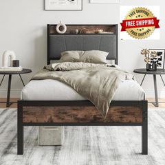 3ft Single Bed Frame with Storage Headboard,Heavy Duty Metal Upholstered Platform Bed Frame,Mattress Foundation/Strong Steel Slat Support/Under-bed Storage/Easy Assembly