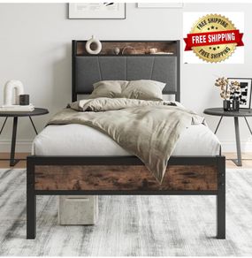3ft Single Bed Frame with Storage Headboard,Heavy Duty Metal Upholstered Platform Bed Frame,Mattress Foundation/Strong Steel Slat Support/Under-bed Storage/Easy Assembly