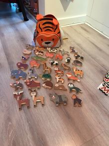 Educational wooden animals, letters and numbers + tiger bag