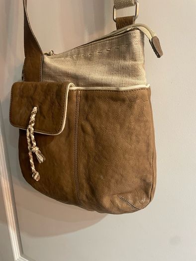 Radley brown leather and beige canvas crossbody bag
