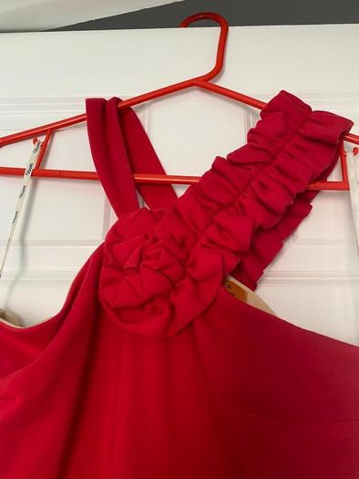Stunning red shift dress with unusual neckline detail